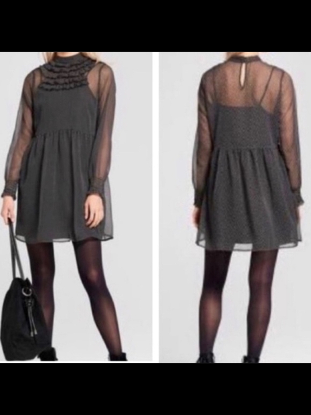 Who What Wear Black Sheer Ruffle Yoke Long-Sleeve Mini Dress.